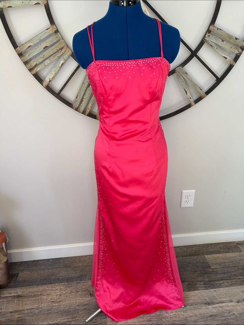 Dave & Johnny Hot Pink Spaghetti Strap Evening Dress with Silver Bling